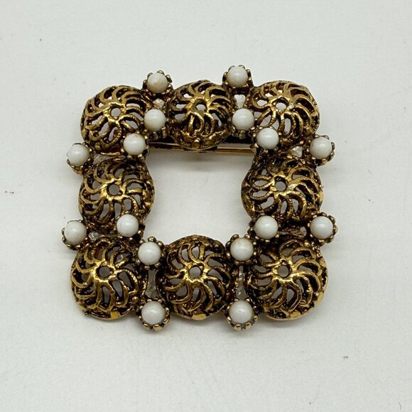 Vintage Square Gold Tone Filigree Brooch Pin Faux Mini Pearls - Picture 2 of 10